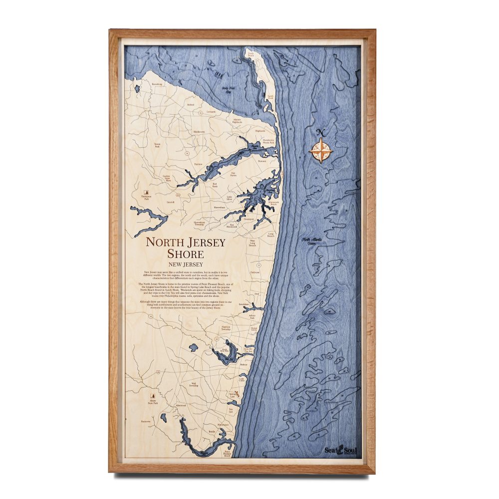 North Jersey Nautical Map Wall Art Cherry Accent with Deep Blue Water
