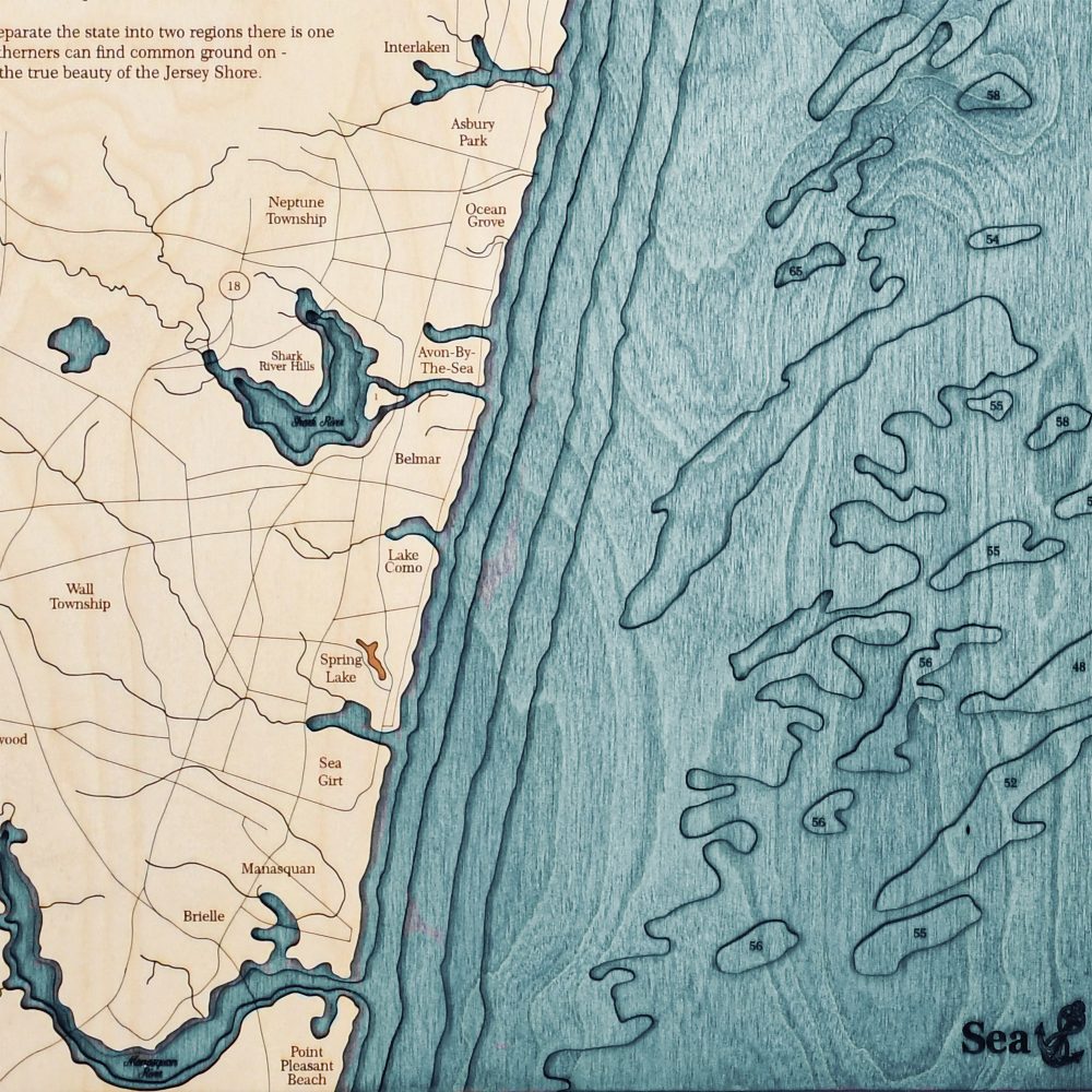 North Jersey Nautical Map Wall Art Oak Accent with Blue Green Water Detail Shot 2
