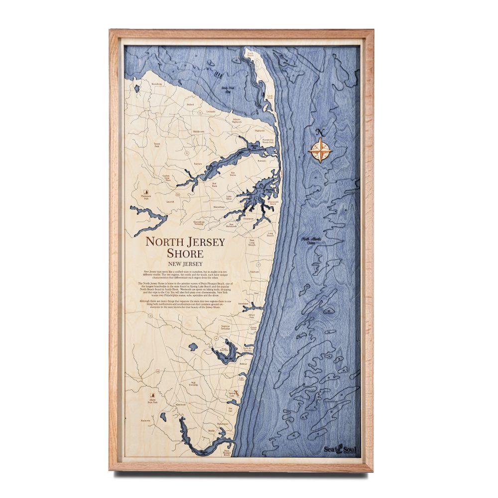 North Jersey Nautical Map Wall Art Oak Accent with Deep Blue Water