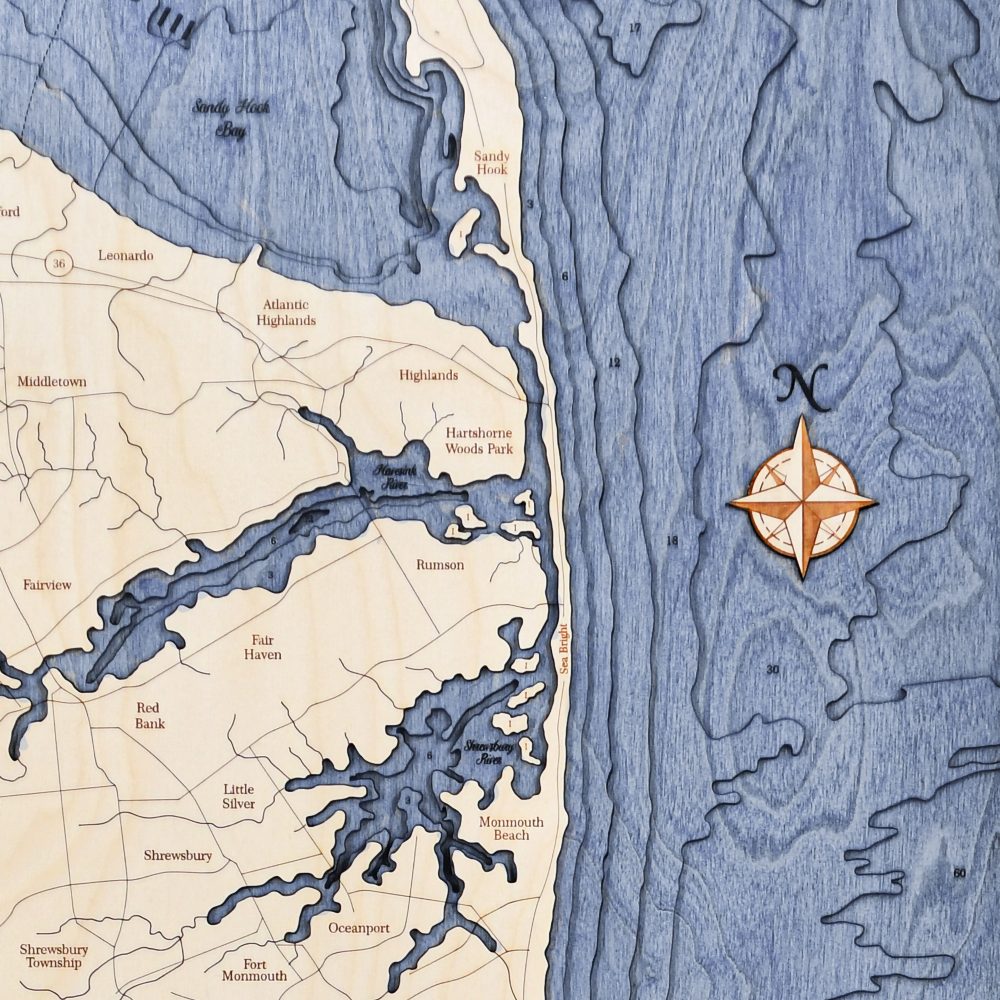 North Jersey Nautical Map Wall Art Oak Accent with Deep Blue Water Detail Shot 1