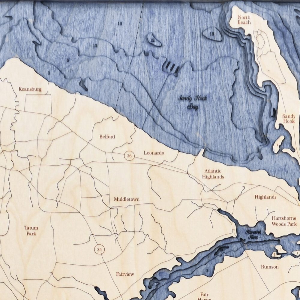 North Jersey Nautical Map Wall Art Oak Accent with Deep Blue Water Detail Shot 3