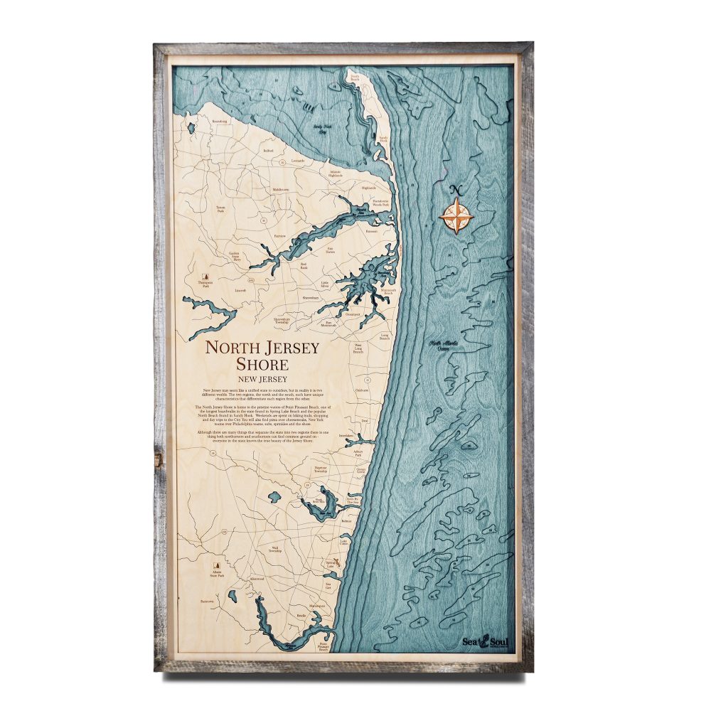 North Jersey Nautical Map Wall Art Rustic Pine Accent with Blue Green Water