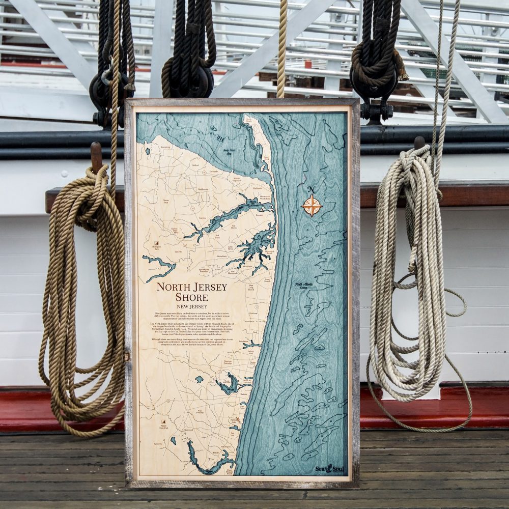 North Jersey Nautical Map Wall Art Rustic Pine Accent with Blue Green Water Sitting on Dock by Boat