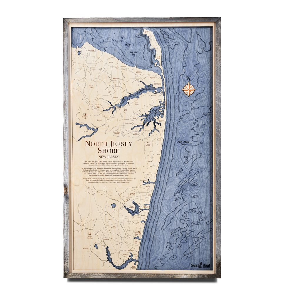 North Jersey Nautical Map Wall Art Rustic Pine Accent with Deep Blue Water