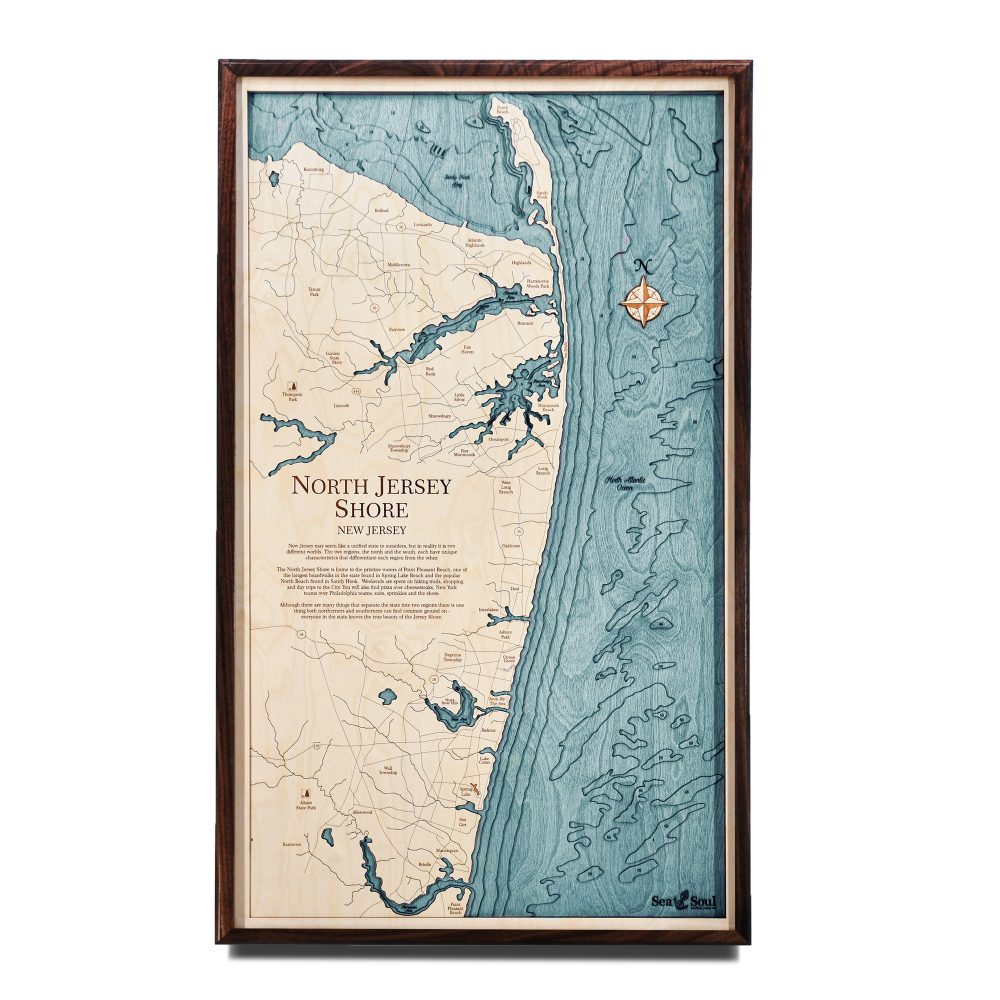 North Jersey Nautical Map Wall Art Walnut Accent with Blue Green Water