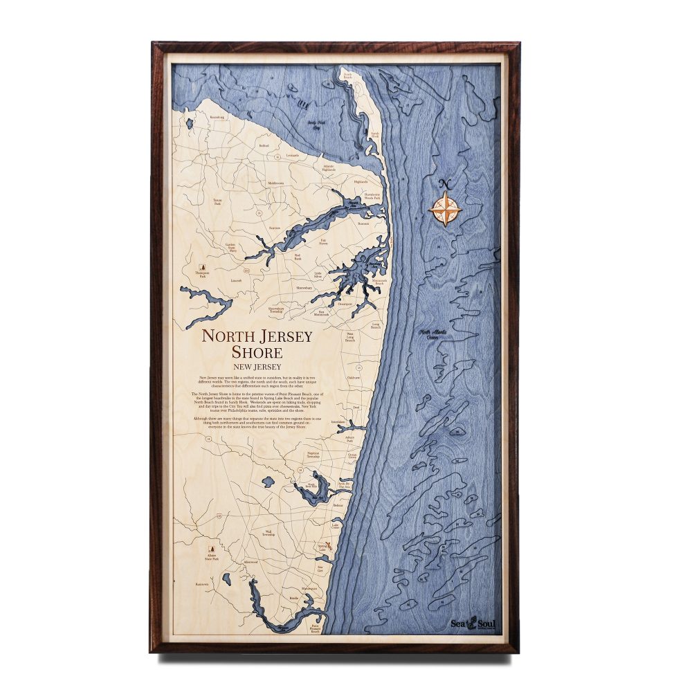 North Jersey Nautical Map Wall Art Walnut Accent with Deep Blue Water