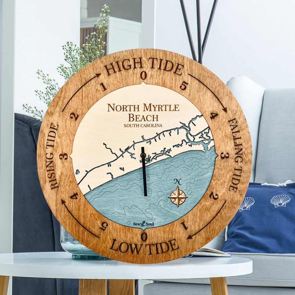 North Myrtle Beach Tide Clock Americana Accent with Blue Green Water Sitting on Coffee Table