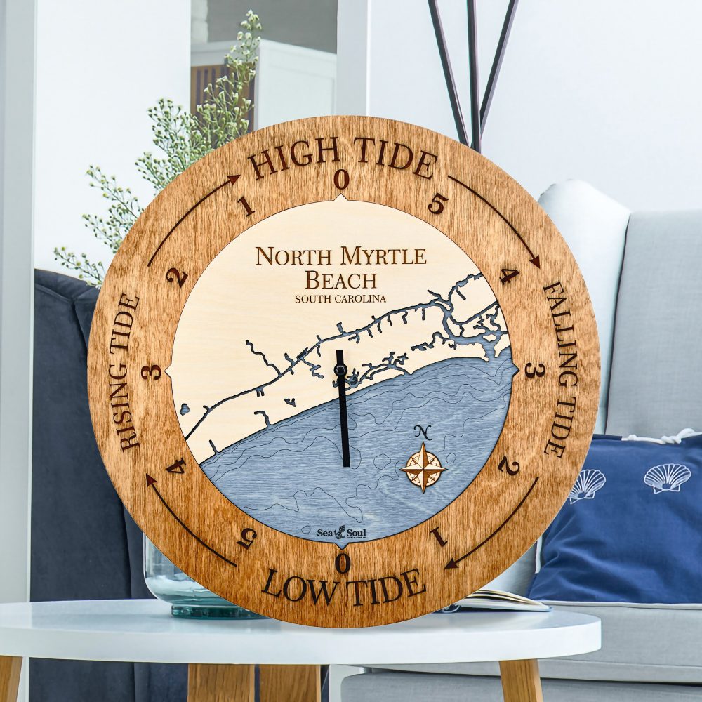 North Myrtle Beach Tide Clock Americana Accent with Deep Blue Water Sitting on Coffee Table