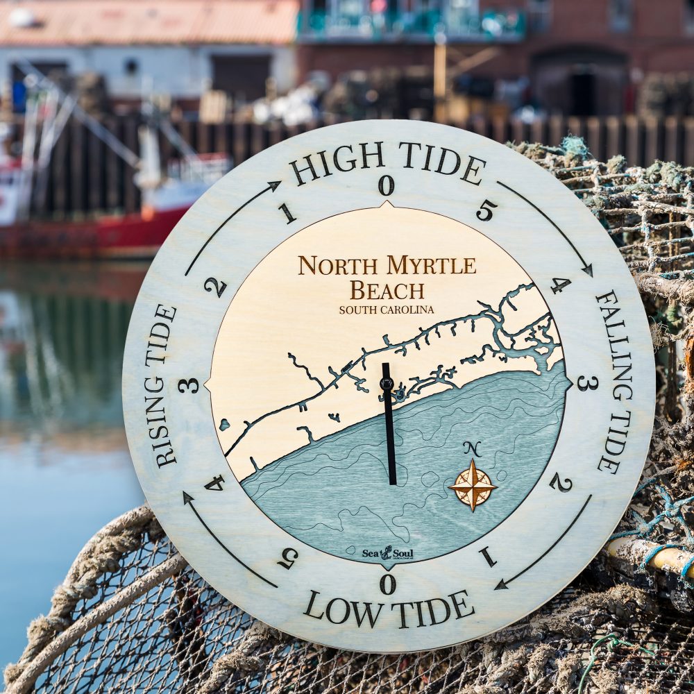 North Myrtle Beach Tide Clock Bleach Blue Accent with Blue Green Water Sitting on Fishing Net by Dock