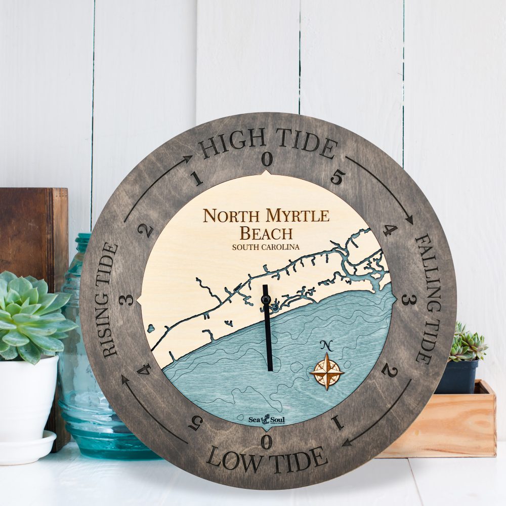 North Myrtle Beach Tide Clock Driftwood Accent with Blue Green Water Sitting on Countertop by Succulents