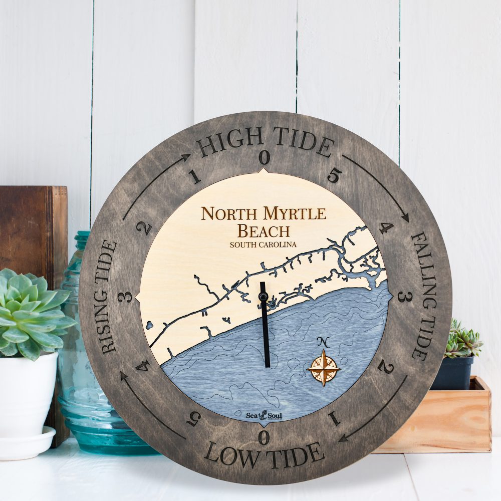 North Myrtle Beach Tide Clock Driftwood Accent with Deep Blue Water Sitting on Countertop by Succulents