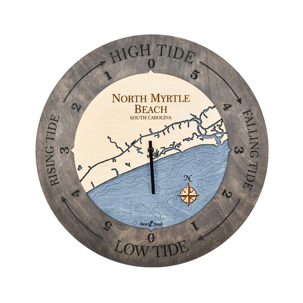 North Myrtle Beach Tide Clock Driftwood Accent with Deep Blue Water