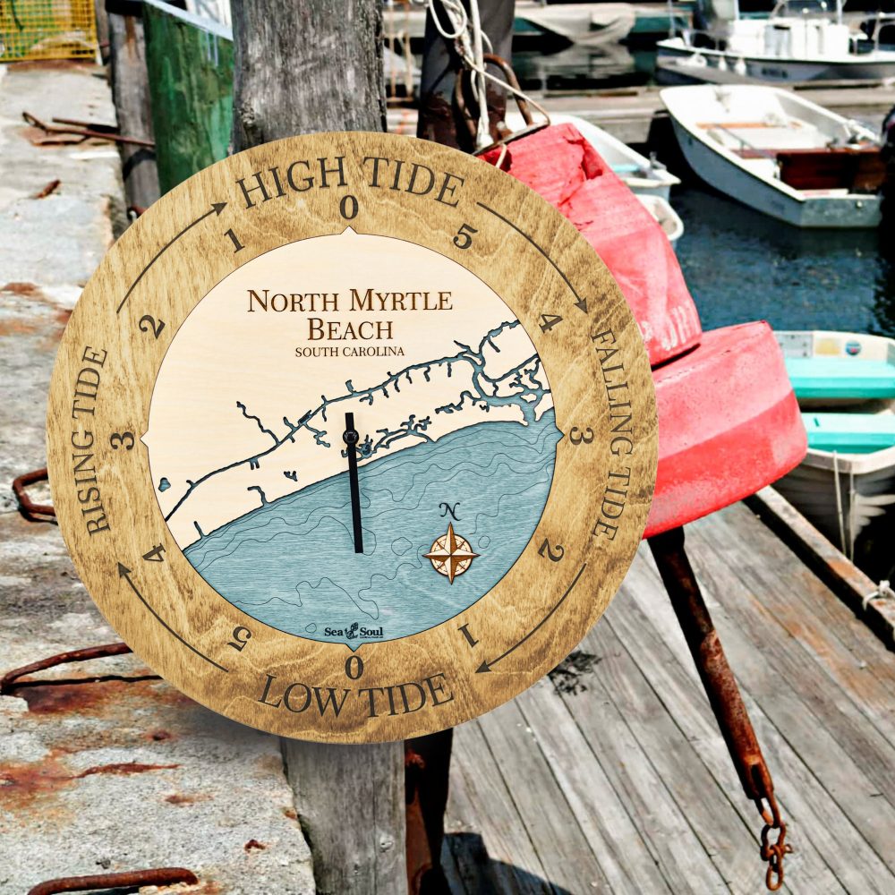 North Myrtle Beach Tide Clock Honey Accent with Blue Green Water Hanging on Dock Post