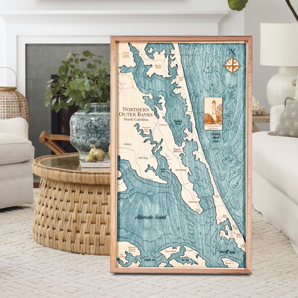 Northern Outer Banks Nautical Wall Art Oak Accent with Blue Green Water Sitting in Living Room by Coffee Table