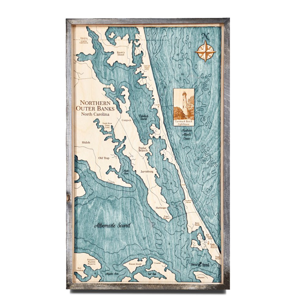 Northern Outer Banks Nautical Wall Art Rustic Pine Accent with Blue Green Water