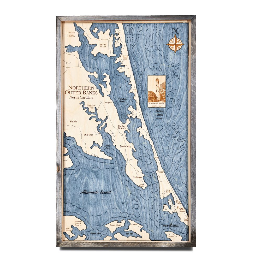 Northern Outer Banks Nautical Wall Art Rustic Pine Accent with Deep Blue Water