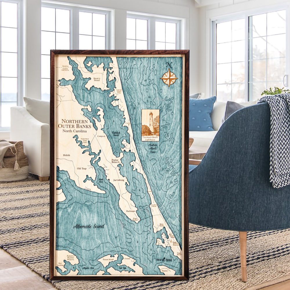 Northern Outer Banks Nautical Wall Art Walnut Accent with Blue Green Water Sitting in Living Room by Armchair