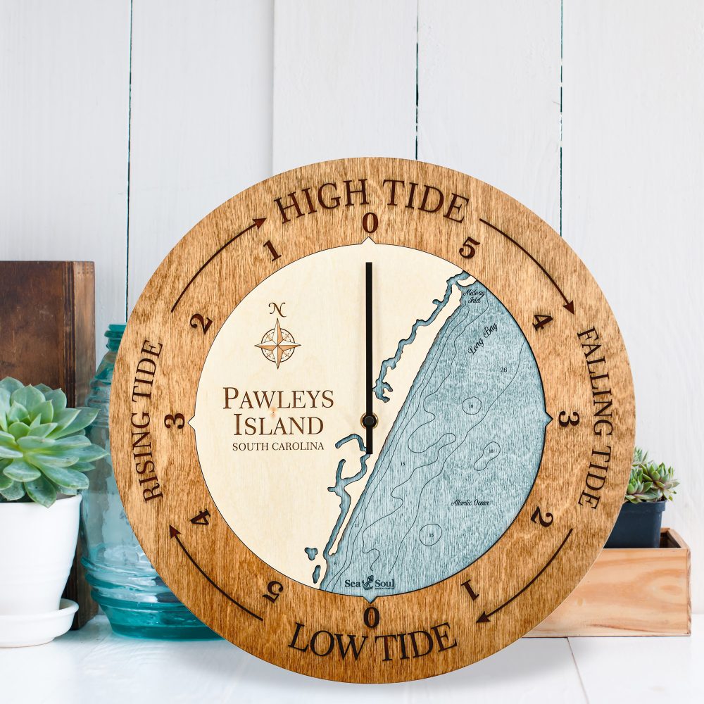 Pawleys Island Tide Clock Americana Accent with Blue Green Water Sitting on Countertop by Succulents