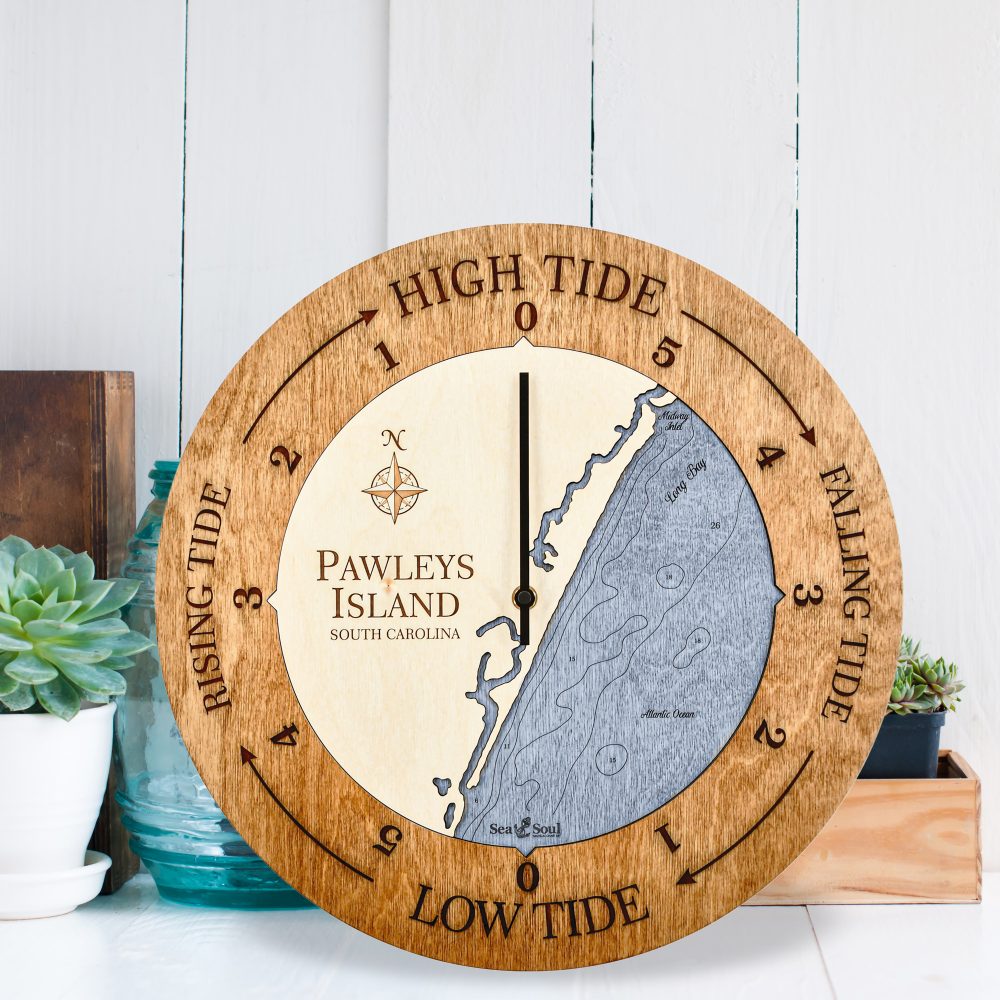 Pawleys Island Tide Clock Americana Accent with Deep Blue Water Sitting on Countertop by Succulents