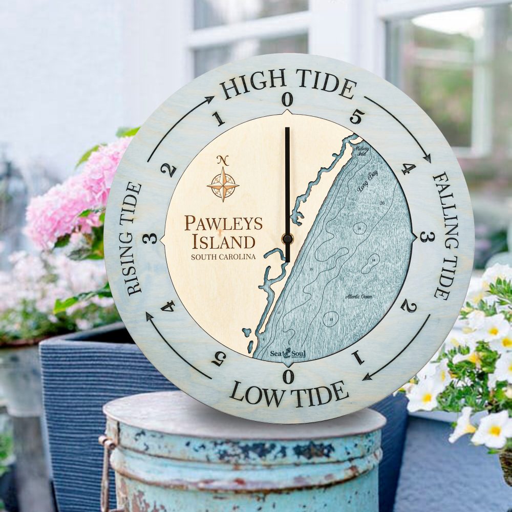 Pawleys Island Tide Clock Bleach Blue Accent with Blue Green Water Sitting on Bucket Outdoors by Flower Pot