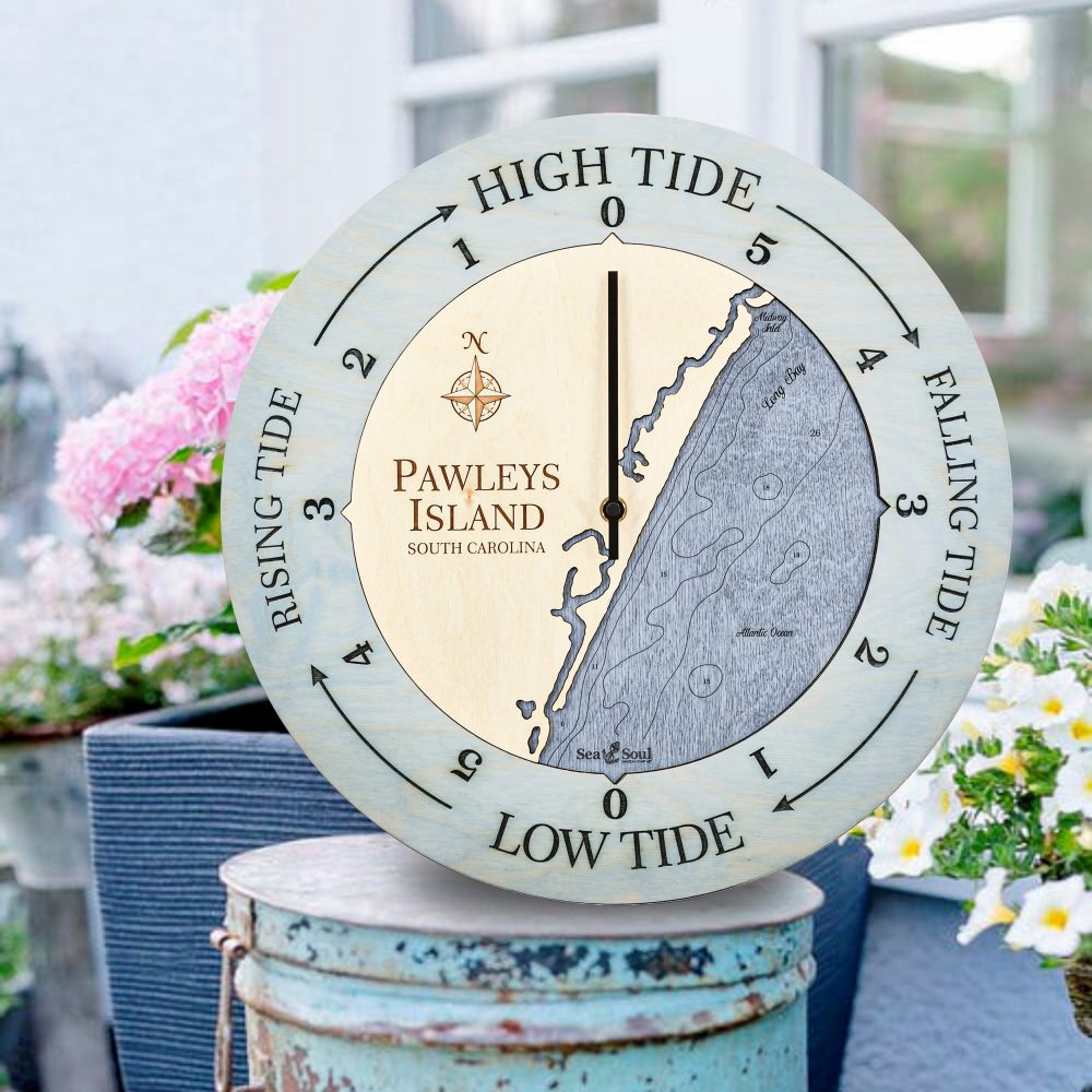 Pawleys Island Tide Clock Bleach Blue Accent with Deep Blue Water Sitting on Bucket Outdoors by Flower Pot