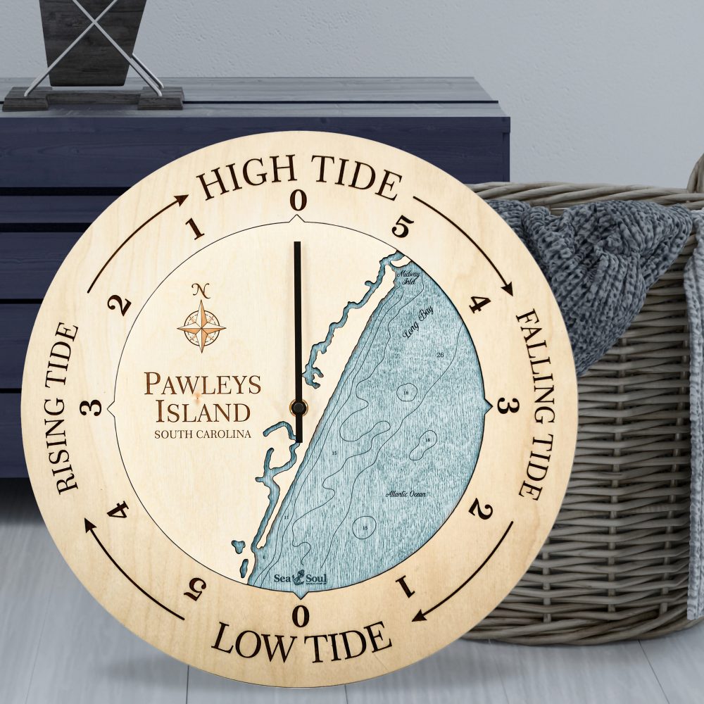 Pawleys Island Tide Clock Birch Accent with Blue Green Water Sitting on Ground by Basket