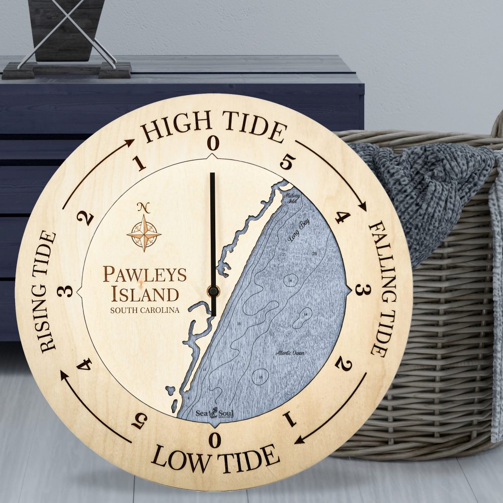 Pawleys Island Tide Clock Birch Accent with Deep Blue Water Sitting on Ground by Basket