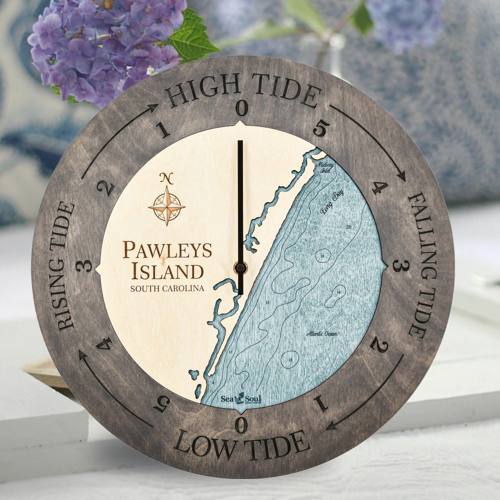 Pawleys Island Tide Clock Driftwood Accent with Blue Green Water Sitting on Table with Flowers