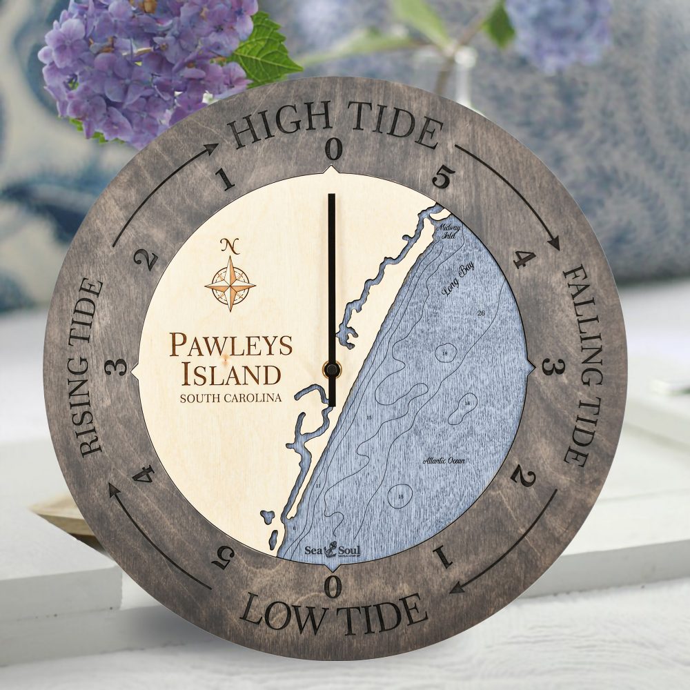 Pawleys Island Tide Clock Driftwood Accent with Deep Blue Water Sitting on Table with Flowers