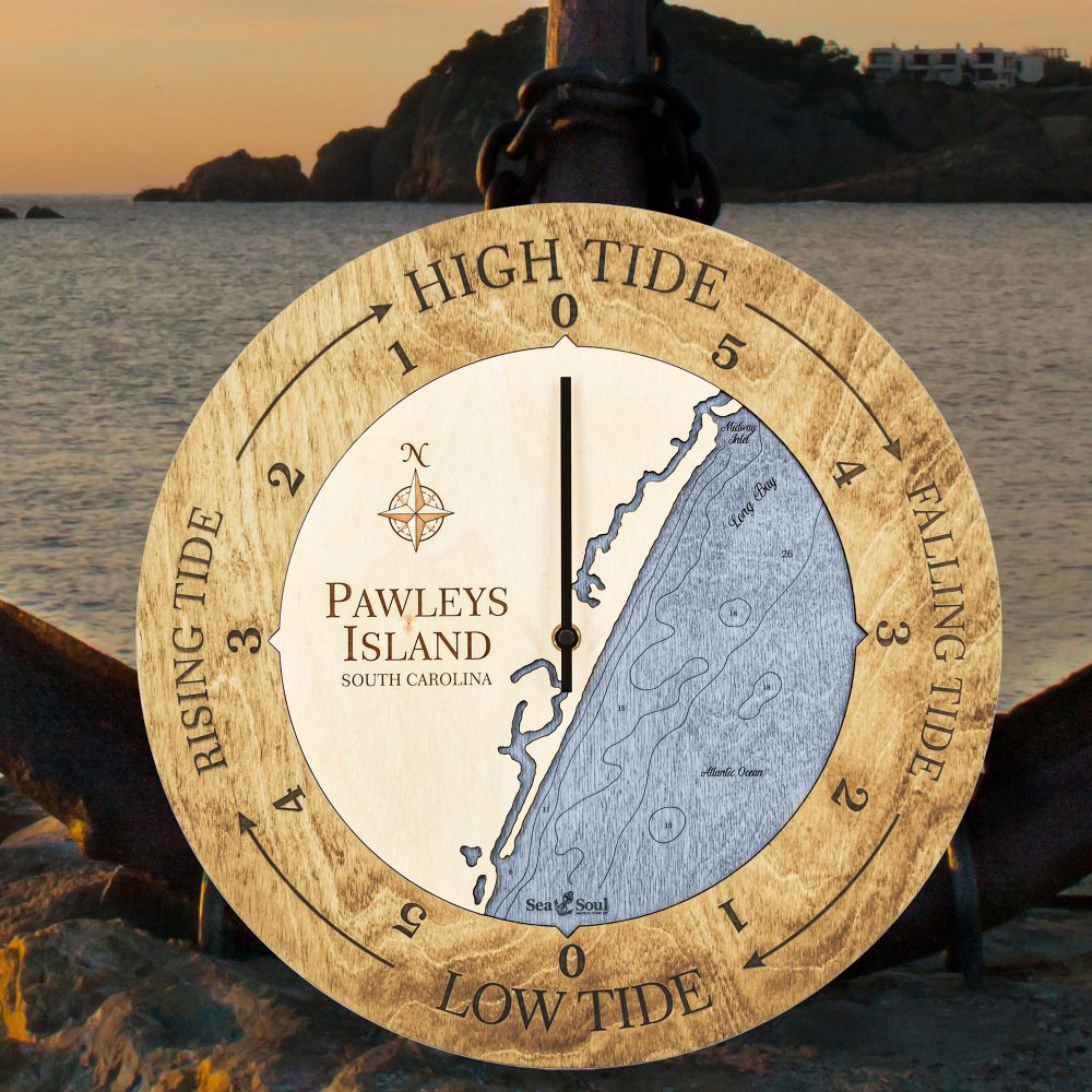 Pawleys Island Tide Clock Honey Accent with Deep Blue Water Sitting on Ground by Anchor and Waterfront