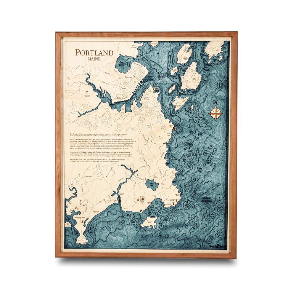 Portland Nautical Map Wall Art Cherry Accent with Blue Green Water