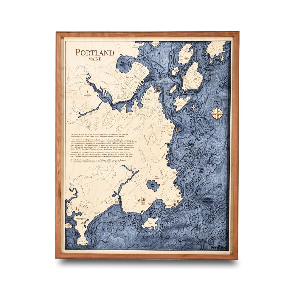 Portland Nautical Map Wall Art Cherry Accent with Deep Blue Water