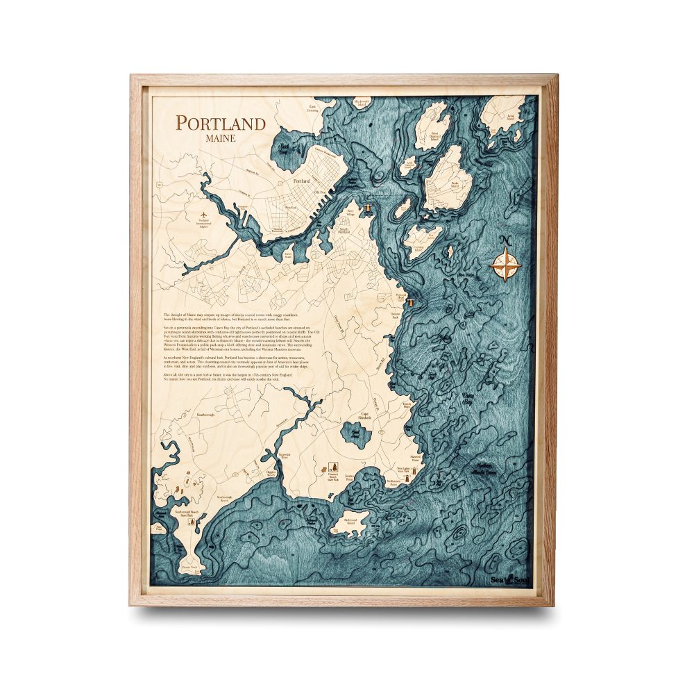 Portland Nautical Map Wall Art Oak Accent with Blue Green Water