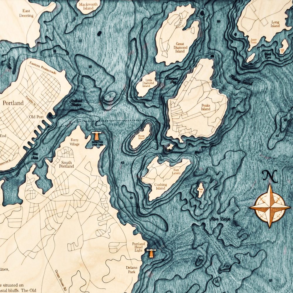 Portland Nautical Map Wall Art Oak Accent with Blue Green Water Detail Shot 2
