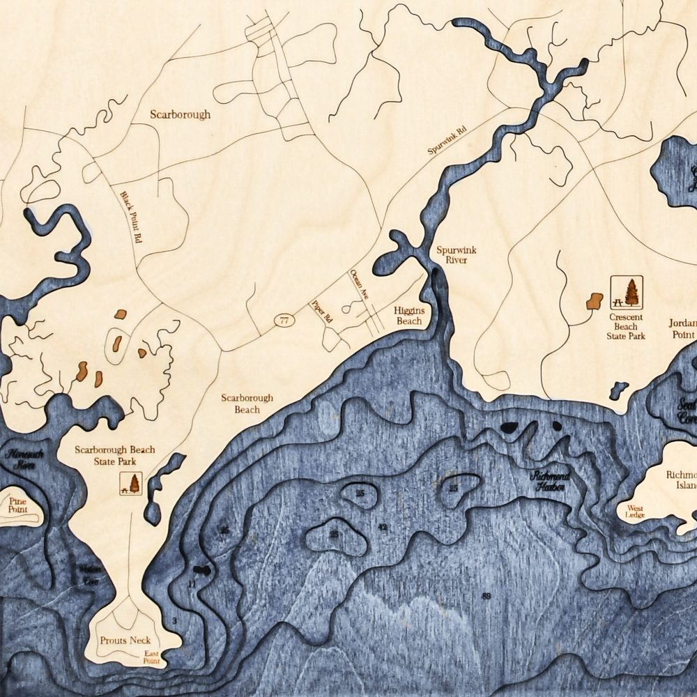 Portland Nautical Map Wall Art Oak Accent with Deep Blue Water Detail Shot 1