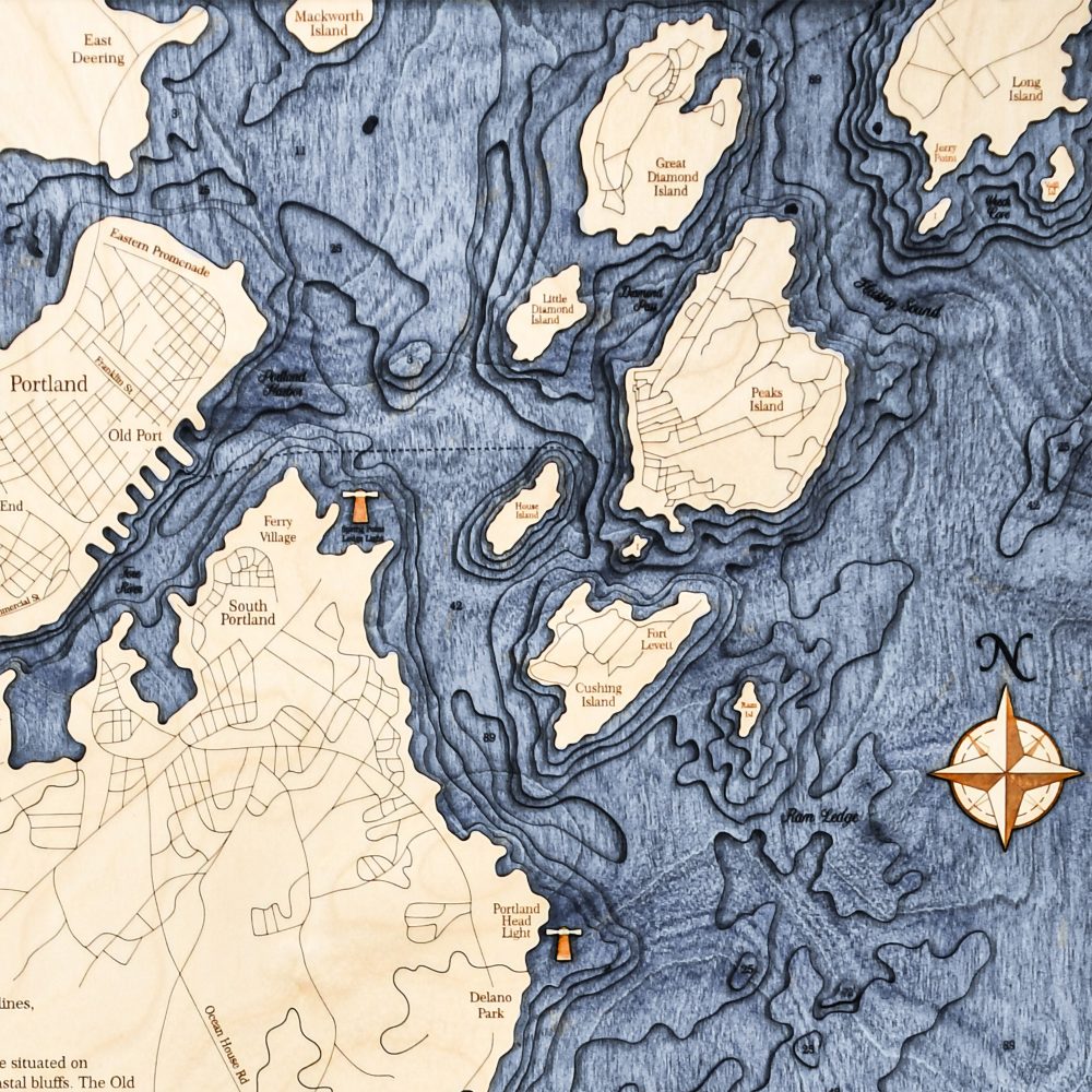 Portland Nautical Map Wall Art Oak Accent with Deep Blue Water Detail Shot 2