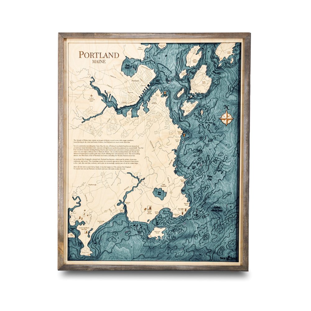 Portland Nautical Map Wall Art Rustic Pine Accent with Blue Green Water