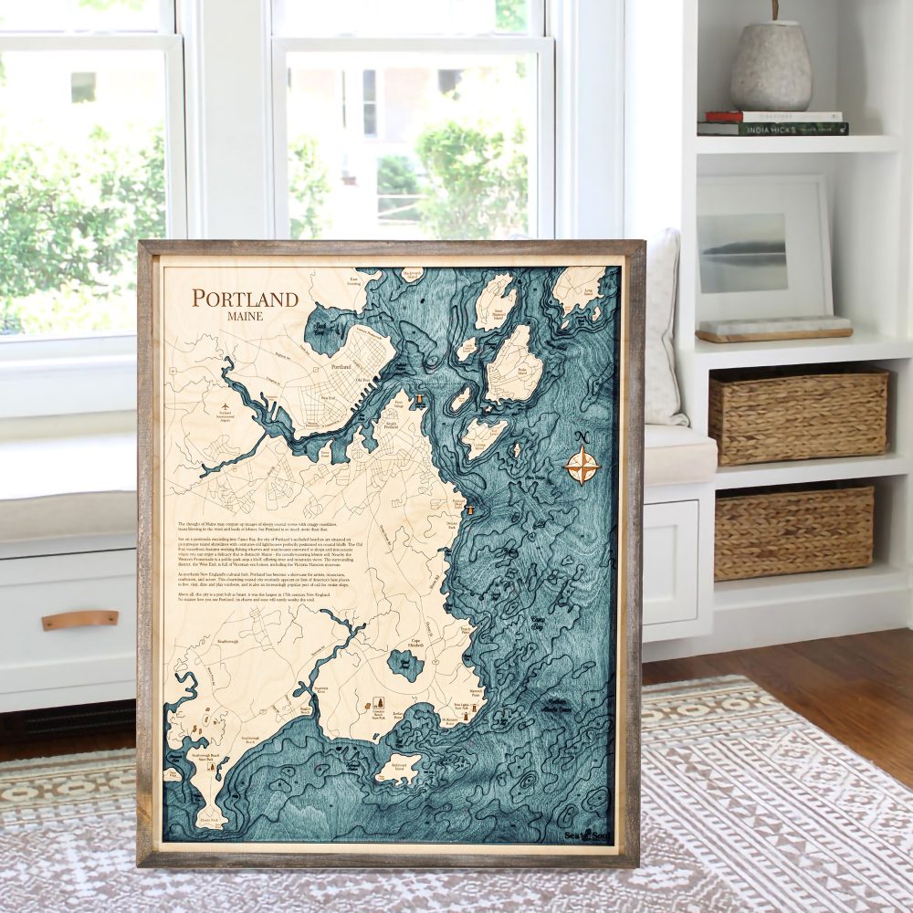 Portland Nautical Map Wall Art Rustic Pine Accent with Blue Green Water Sitting by Window