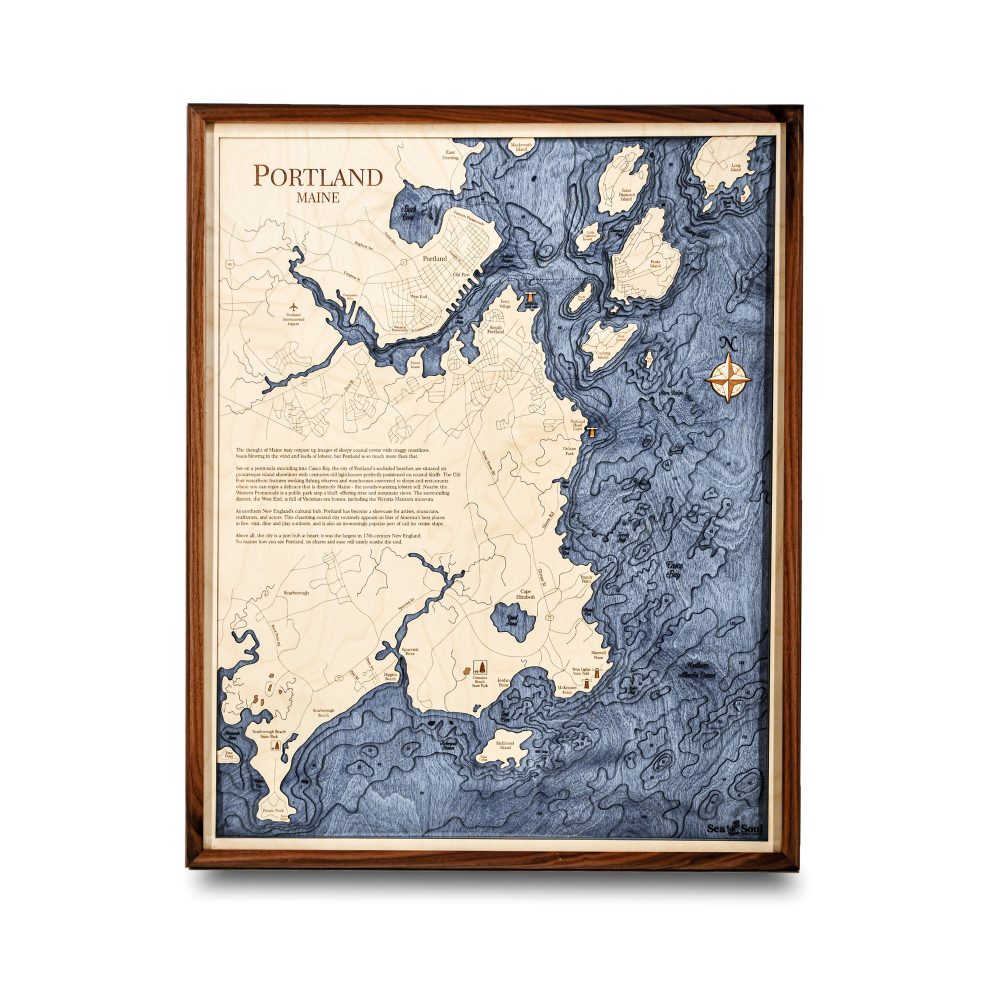 Portland Nautical Map Wall Art Walnut Accent with Deep Blue Water