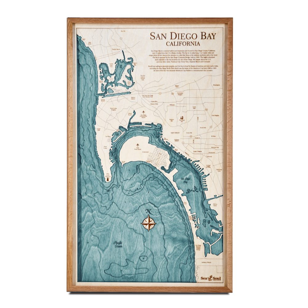 San Diego Nautical Map Wall Art Cherry Accent with Blue Green Water