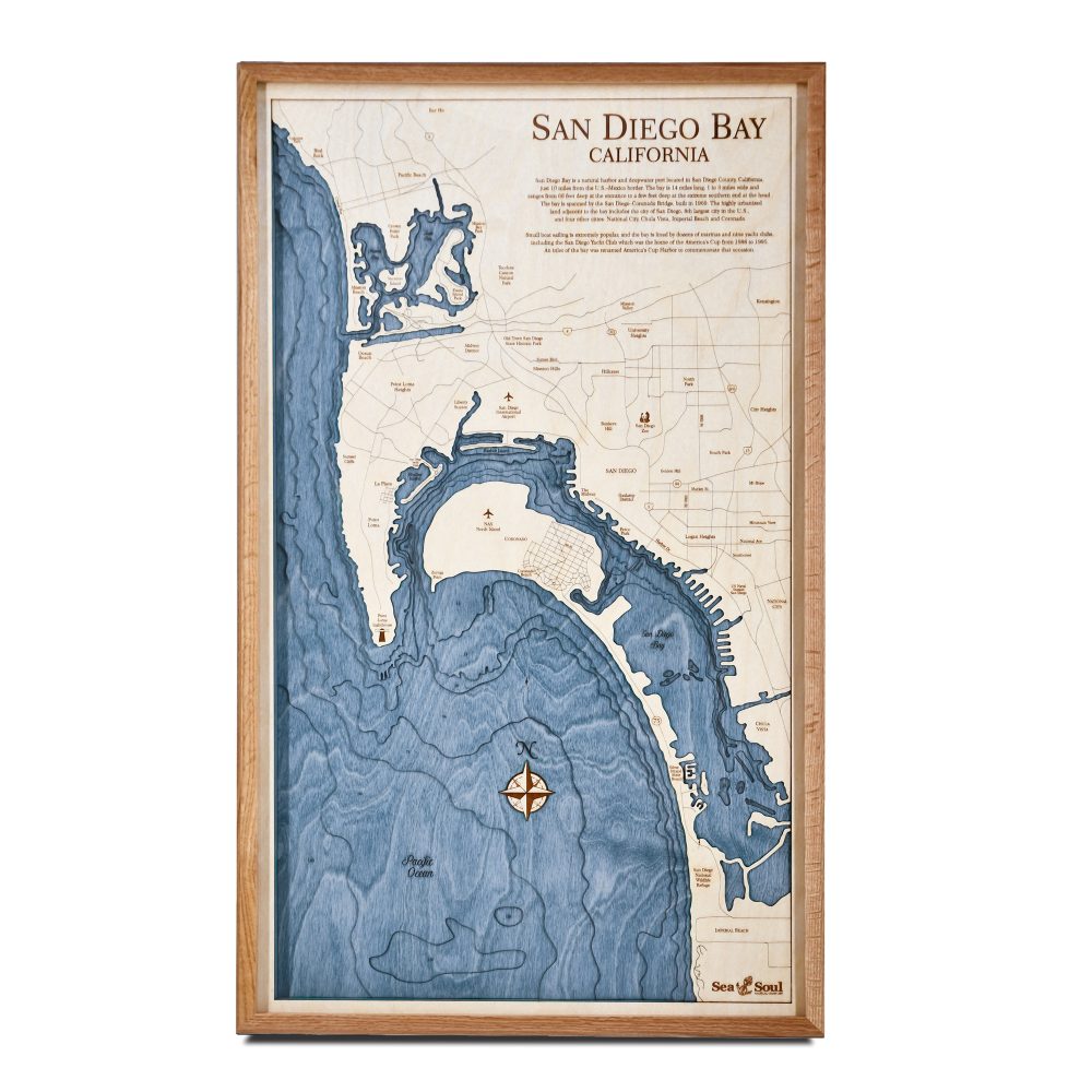San Diego Nautical Map Wall Art Cherry Accent with Deep Blue Water