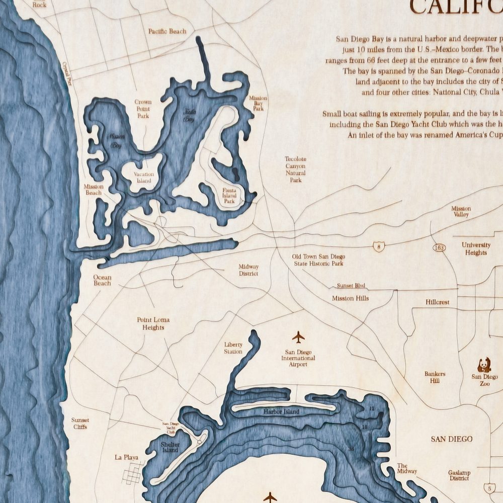 San Diego Nautical Map Wall Art Oak Accent with Deep Blue Water Detail Shot 1