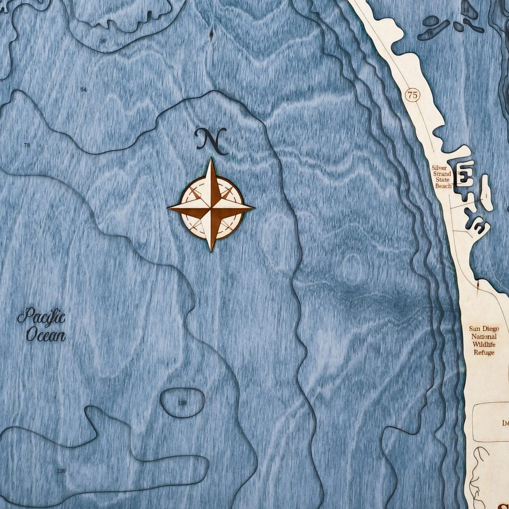 San Diego Nautical Map Wall Art Oak Accent with Deep Blue Water Detail Shot 3