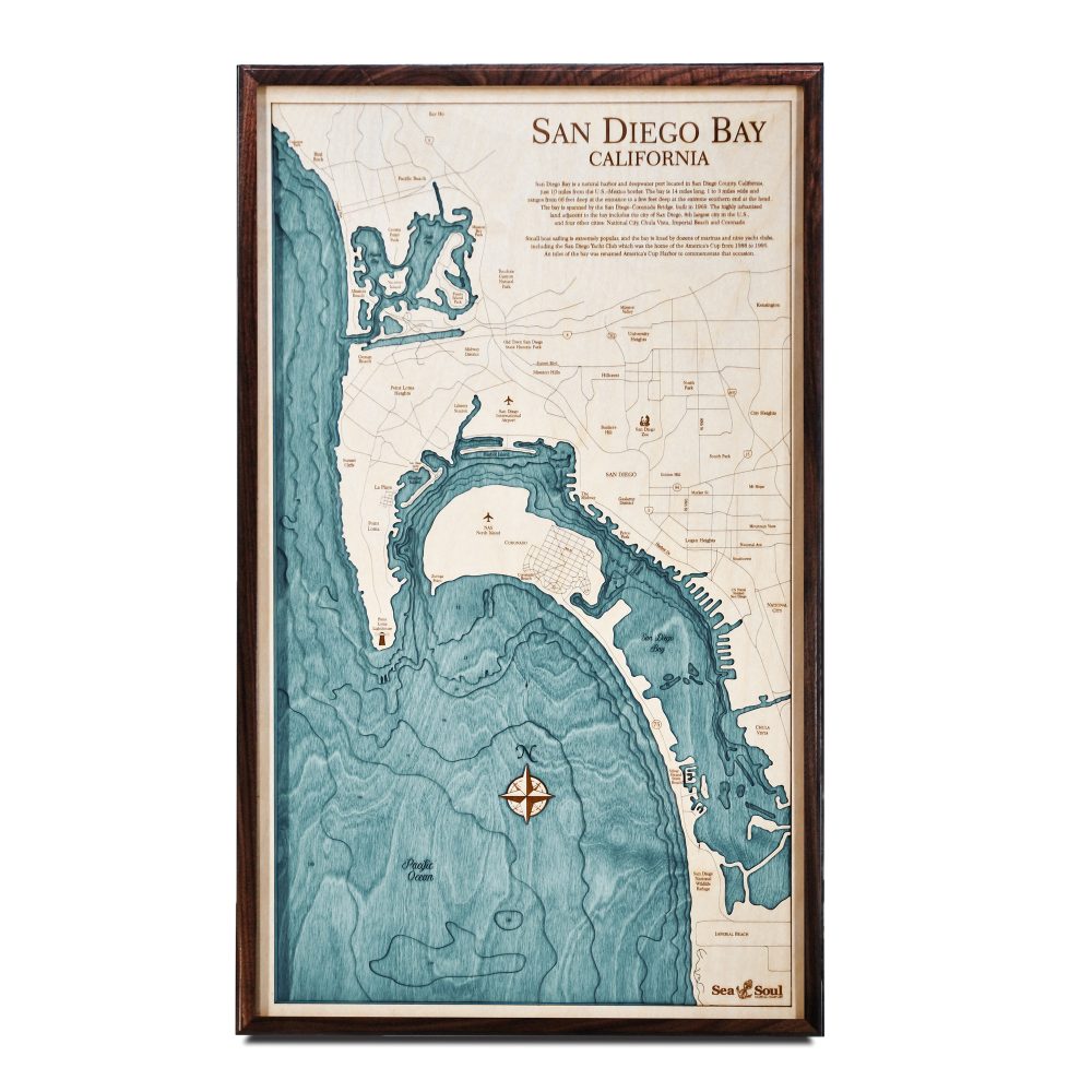 San Diego Nautical Map Wall Art Walnut Accent with Blue Green Water