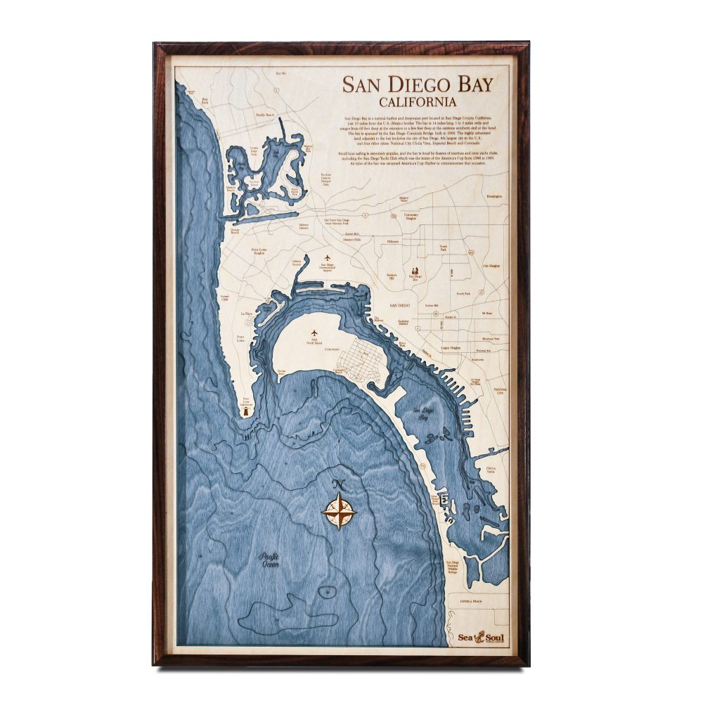 San Diego Nautical Map Wall Art Walnut Accent with Deep Blue Water