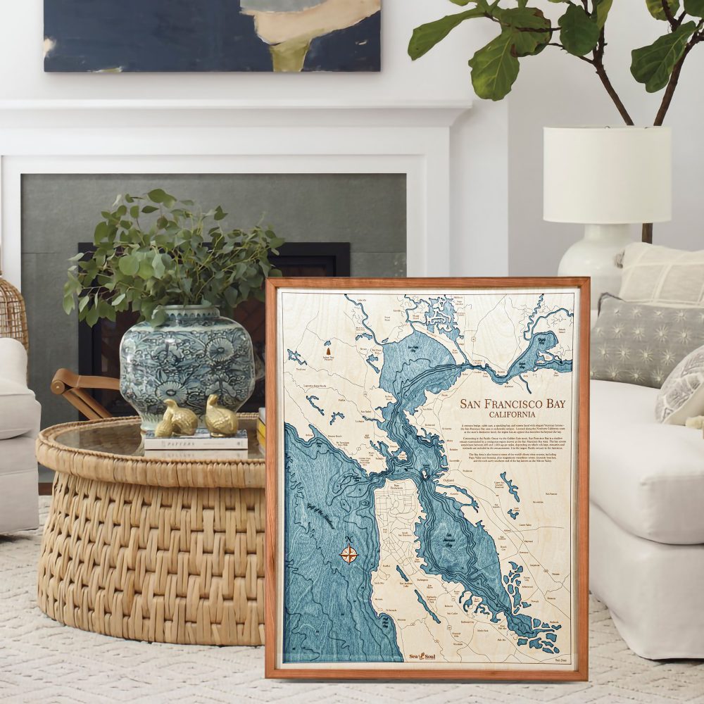 San Francisco Nautical Map Wall Art Cherry Accent with Blue Green Water Sitting in Living Room by Coffee Table and Couch