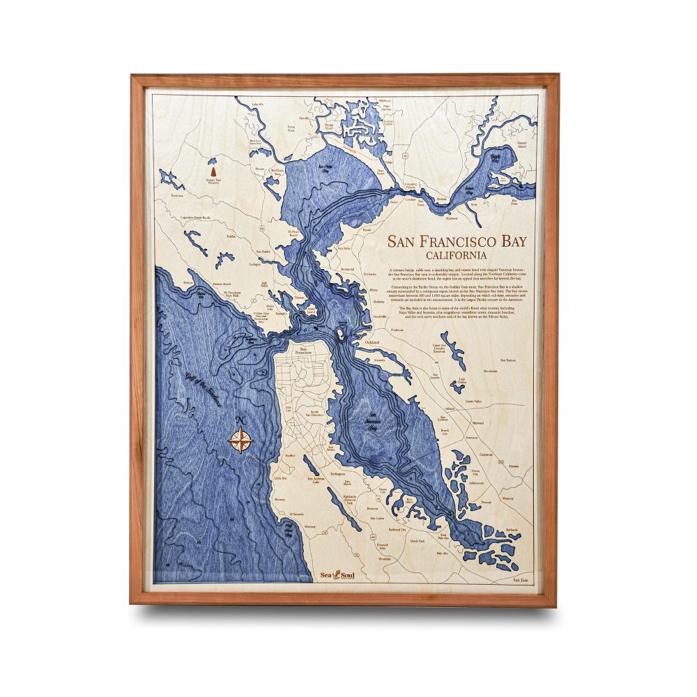 San Francisco Nautical Map Wall Art Cherry Accent with Deep Blue Water