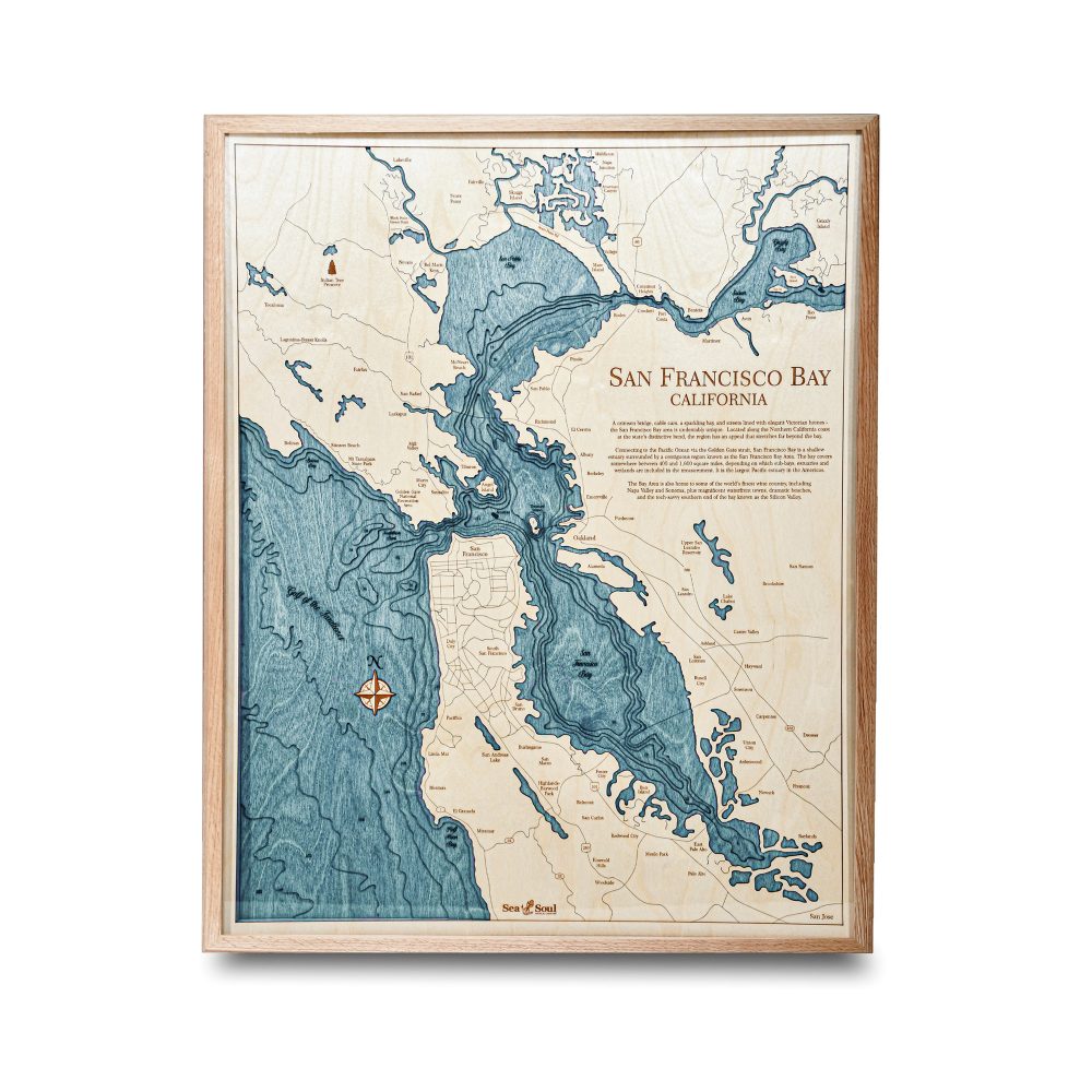 San Francisco Nautical Map Wall Art Oak Accent with Blue Green Water