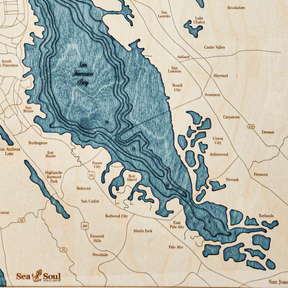 San Francisco Nautical Map Wall Art Oak Accent with Blue Green Water Detail Shot 2