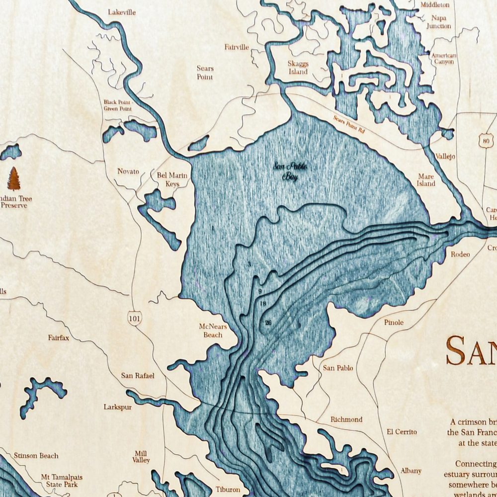 San Francisco Nautical Map Wall Art Oak Accent with Blue Green Water Detail Shot 3